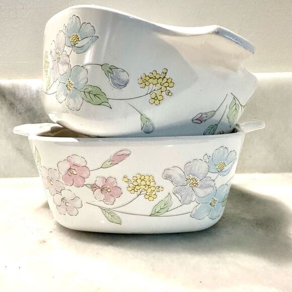 Vtg 80s Set Of 2 Corningware Pastel Bouquet Square Casserole Multicolor 700ml - Picture 1 of 5